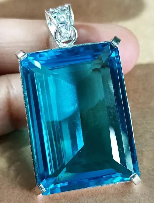 99.70 Ct. Emerald Cut Blue Topaz Pendant 925 Silver Jewelry Gift for Christmas