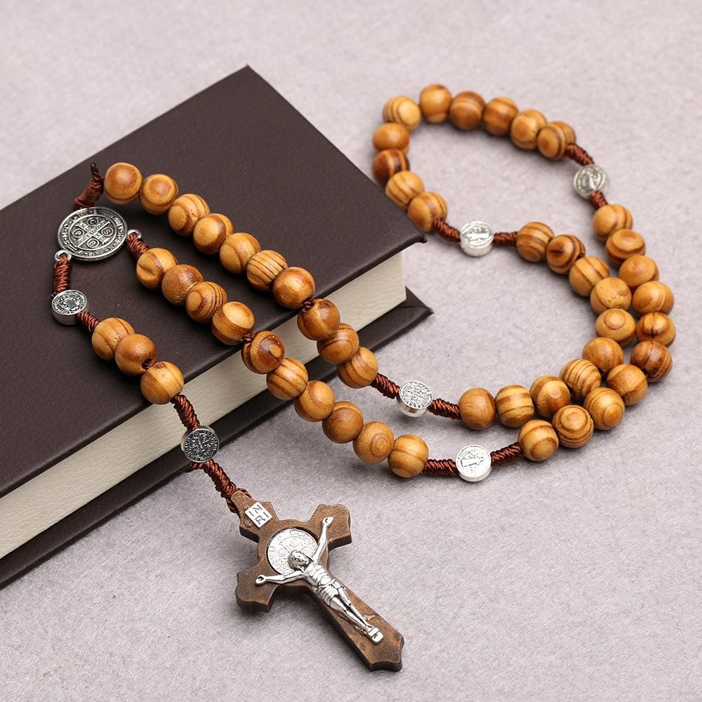 10mm Wood Beads Rosary Cross Necklace for Women Men Christian Virgin Mary Inri P