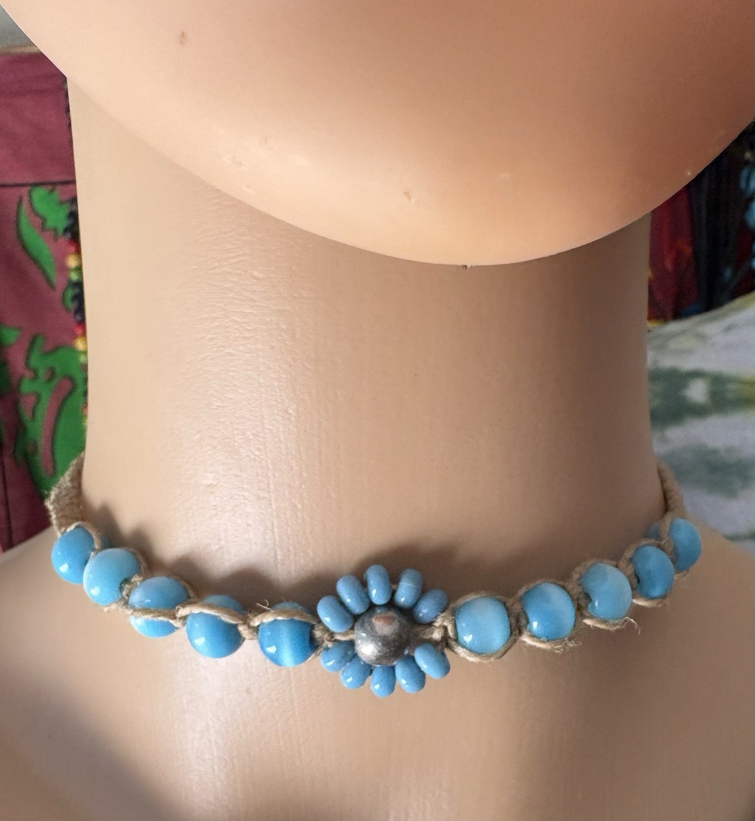 Blue Beige Beaded Choker Necklace Flower Pendant Cord Adjustable Tie Closure