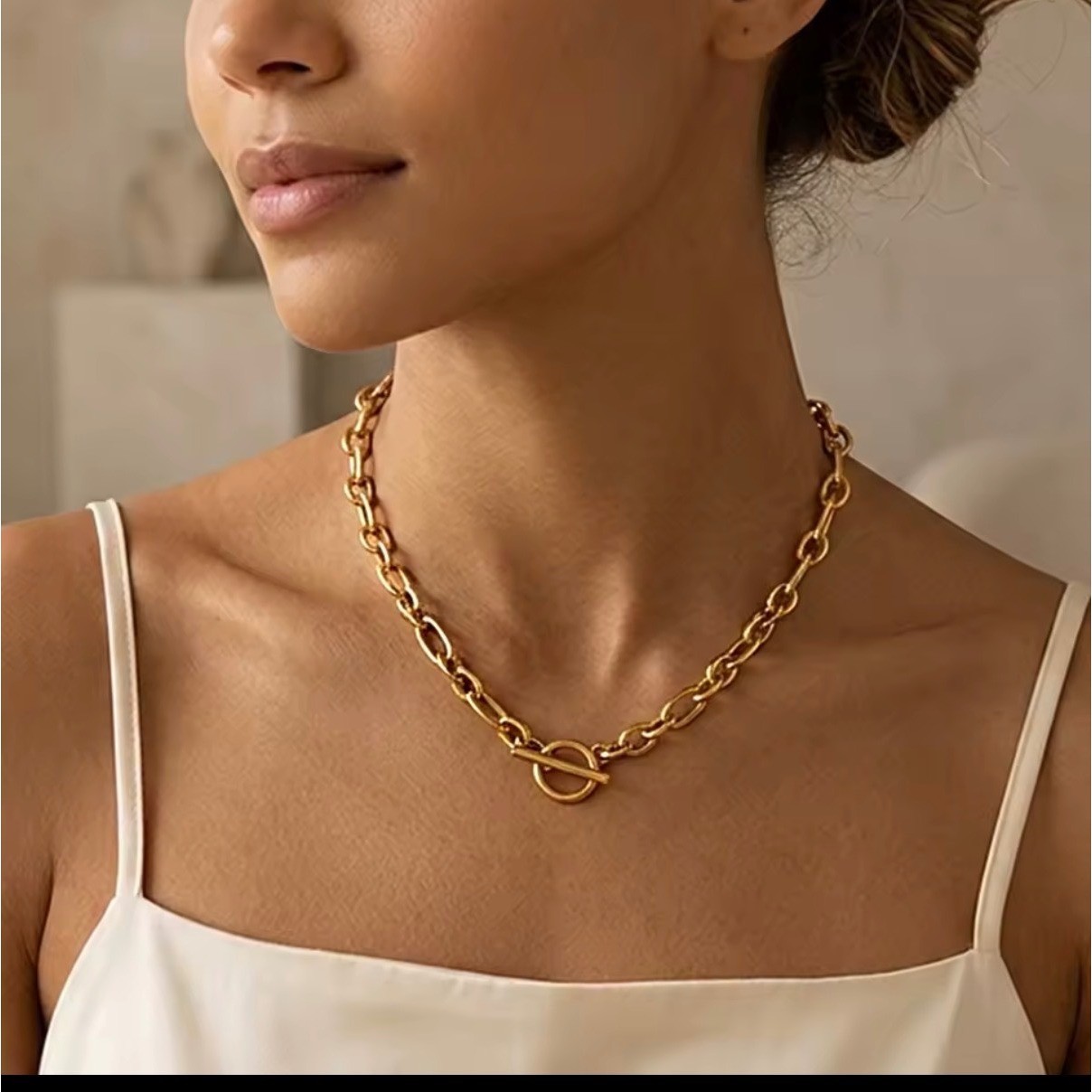 Gold Toggle Clasp Paperclip Chain Necklace Minimalist Oval Link Statement Choker