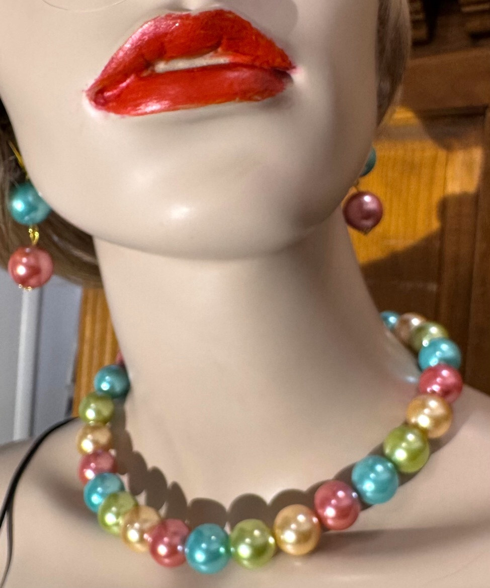 Pastel Color Glass Pearls Necklace/Earrings Set, Handmade in the USA