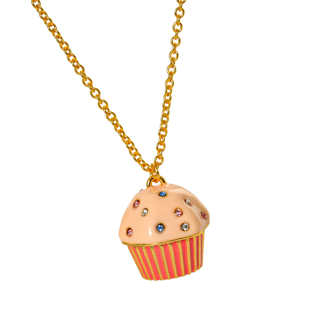 Hand Enamel Rhinestone Cupcake Long Necklace 18K Gold Plated Brass Sweater Chain