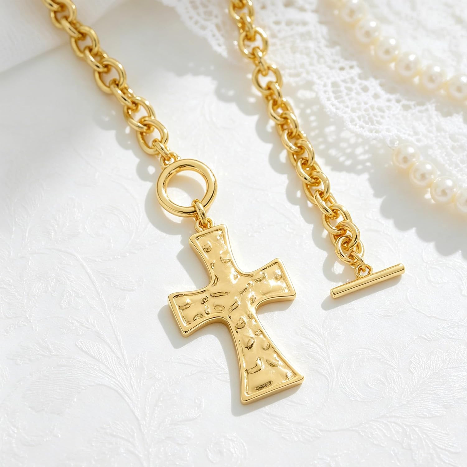 Statement Gold Necklace for Women, 14K Plated Pendant with Vintage Toggle Clasp,