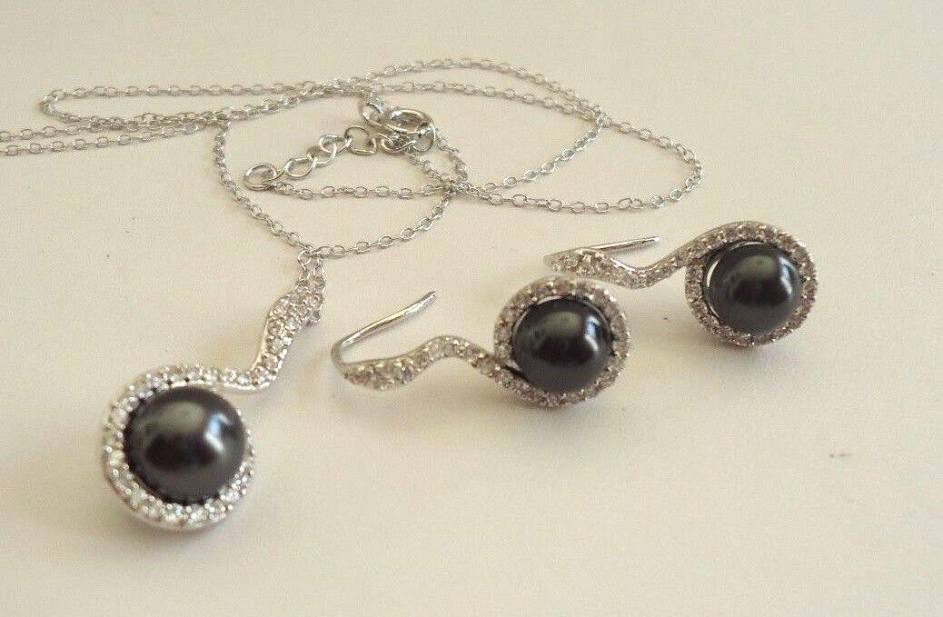 925 STERLING SILVER BLACK PEARL PENDANT & EARRING SET W/ ACCENTS/18”CHAIN