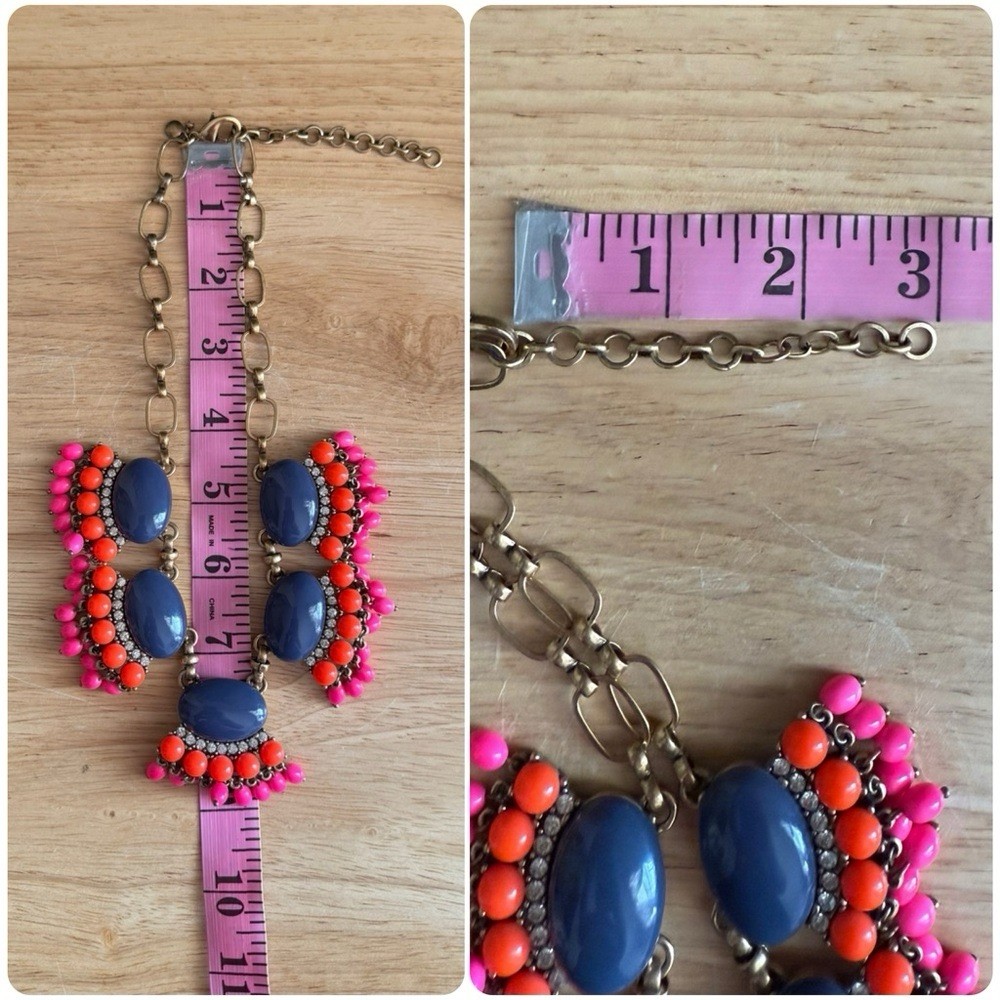 J.Crew Fan Fringe Statement Necklace Navy Blue Coral Pink Beaded Bib Chunky