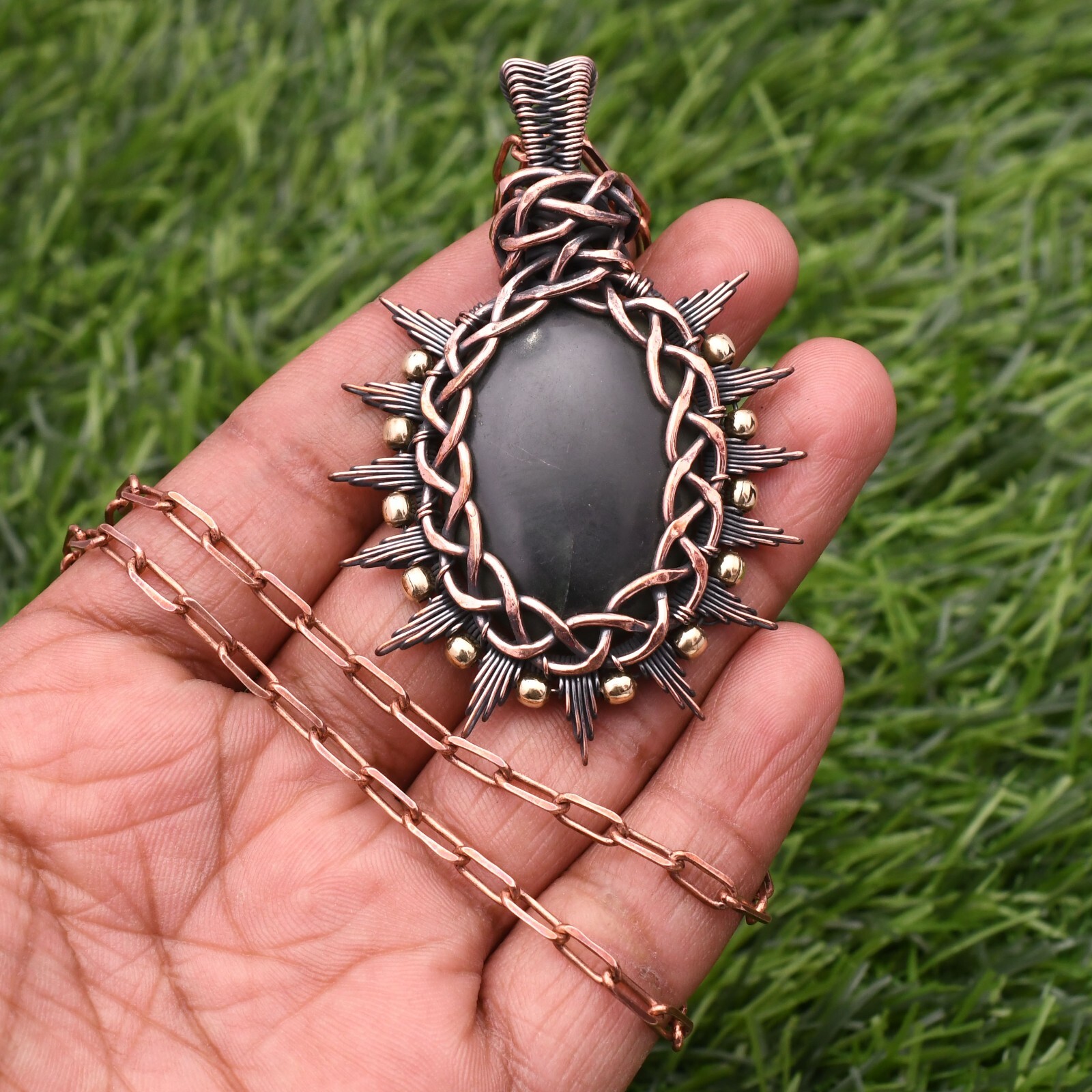 Serpentine Gemstone Copper Wire Wrap Handmade Jewelry Pendant 2.28″
