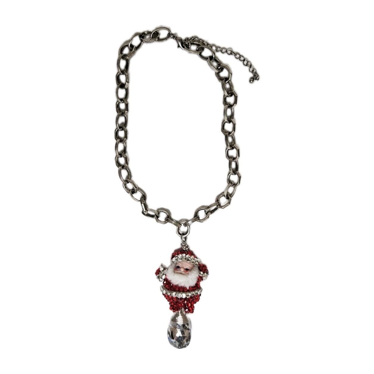 Santa necklace with red & silver rhinestones and white fur trim & crystal…