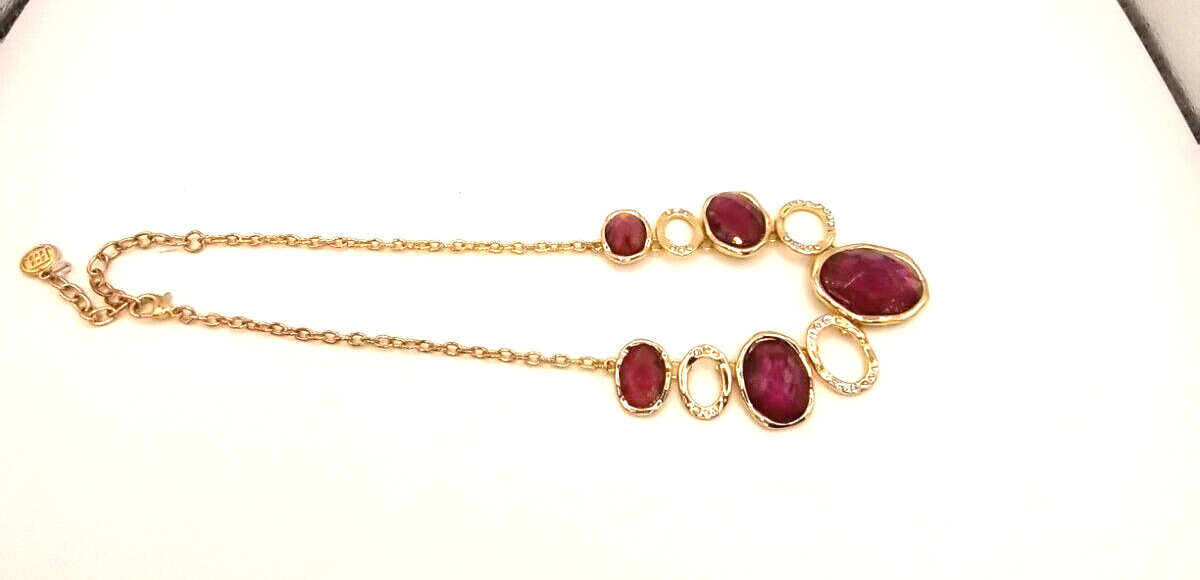Purple Faceted Acrylic Gem and Colorless Rhinestone in Gold Tone Necklace Marked