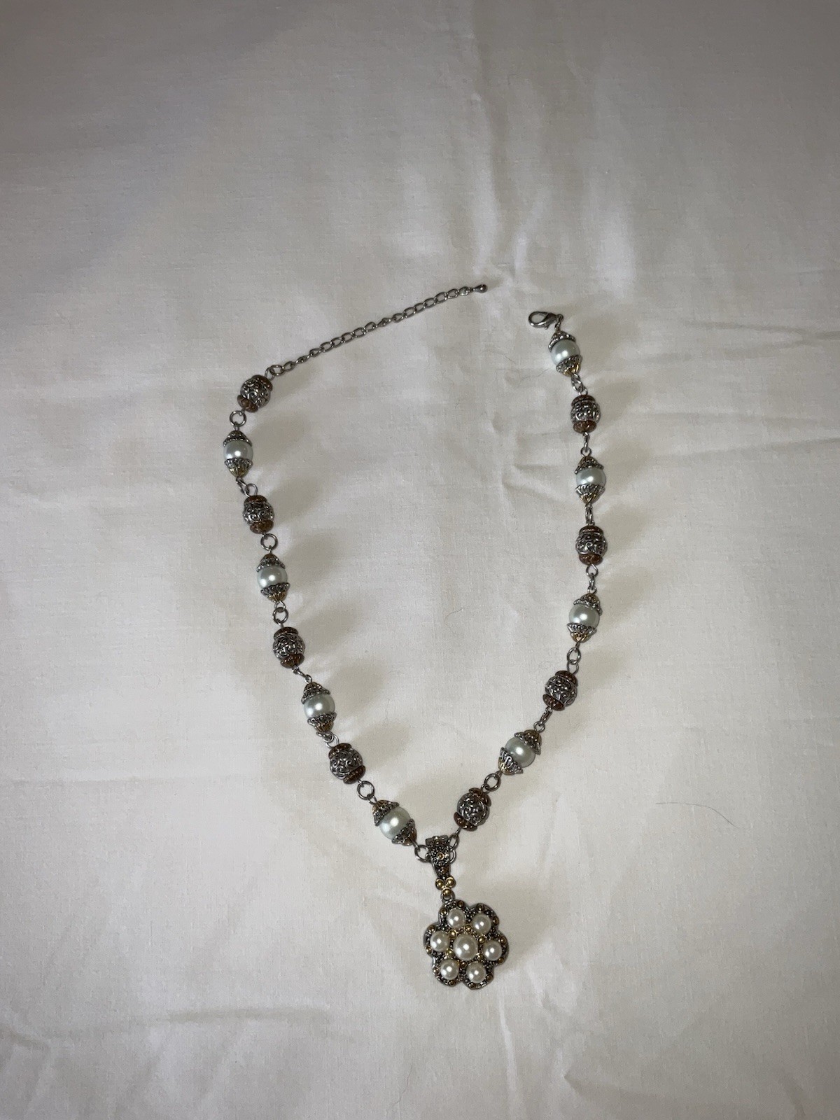 Silver and Bronze Tone Cable Chain Necklace Simulated Pearl 18 in
