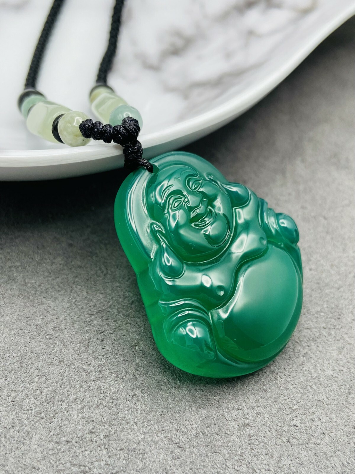Jade Buddha Charm Pendant Necklace W/ Beads Cord Handmade Carved Green Gemstone