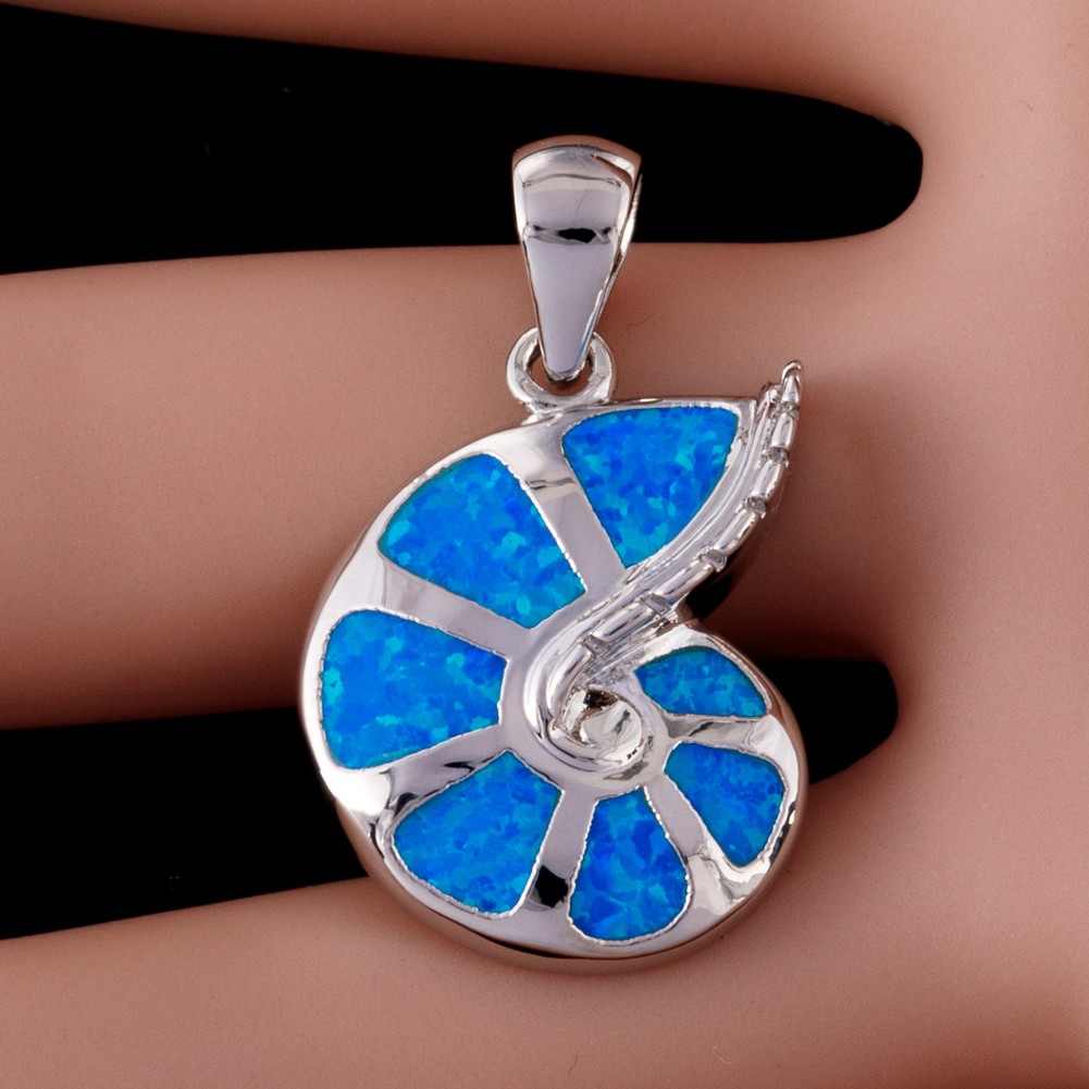 Conch Shell Ocean Blue Fire Opal Silver Jewelry Necklace Pendant