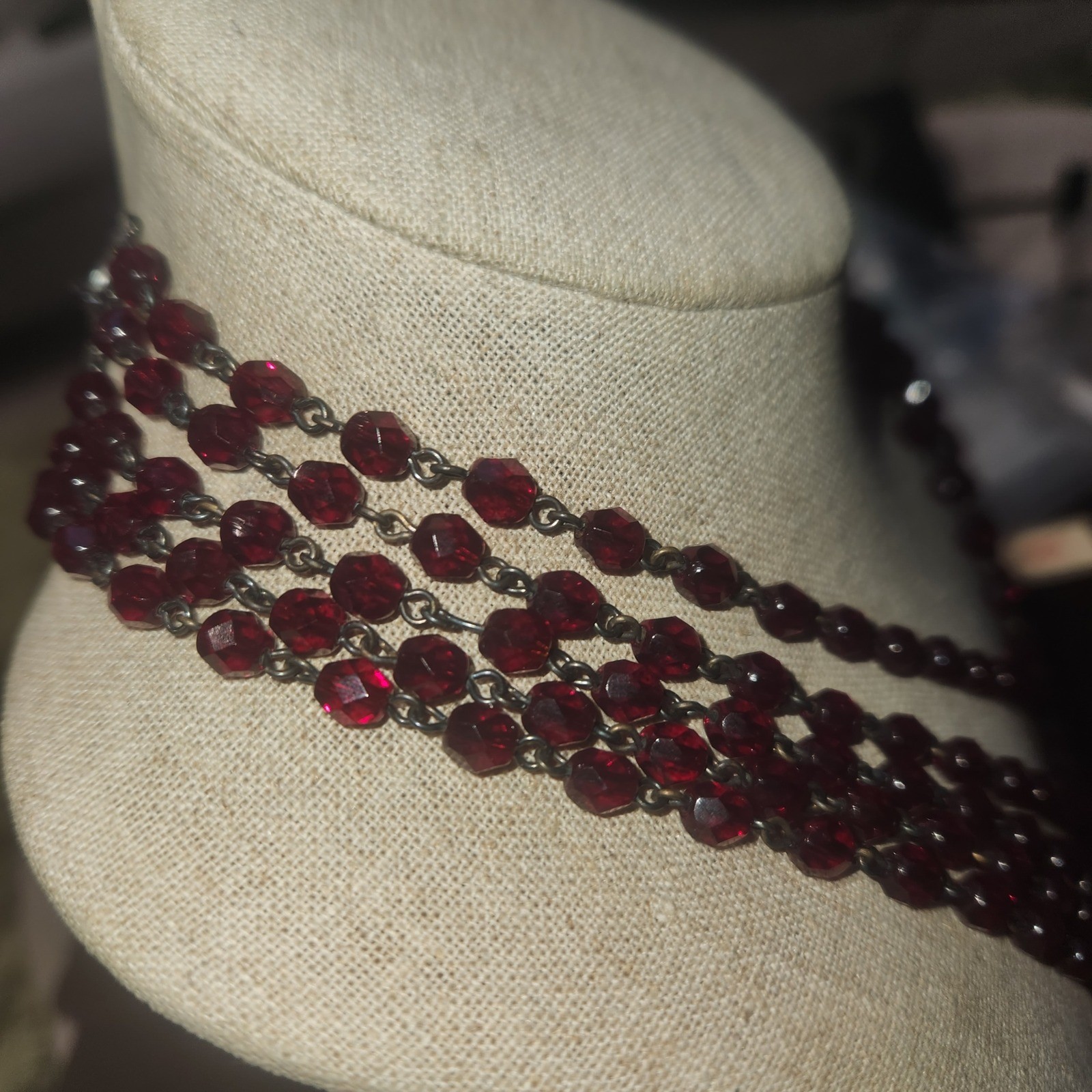 Lyndell NYC Red Crystal Multi Strand Bib Necklace Antiqued metal Tone 15in.