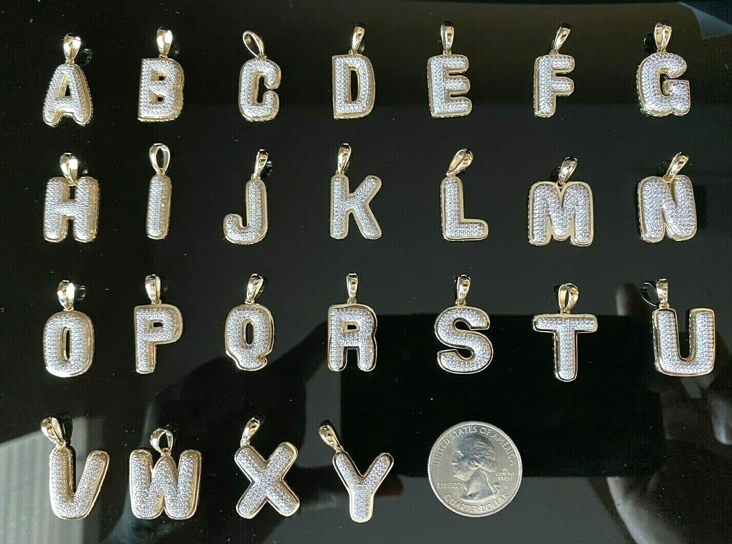 10k Solid Yellow Gold Bubble Initial A to Z Alphabet CZ Pendant Charm