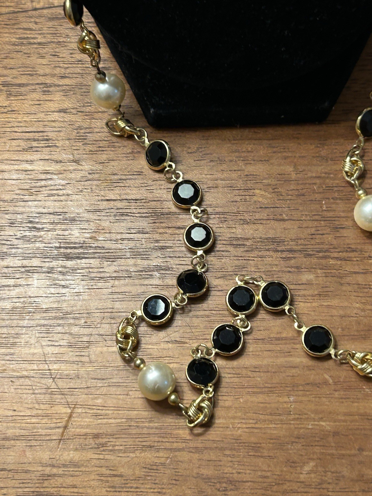 Vintage Swarovski Crystal Link Necklace Simulated Pearls Black Glass Bezel