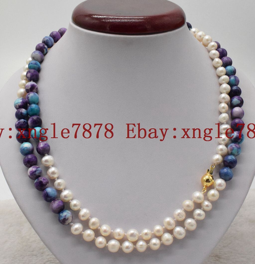 Beautiful 8mm Purple Turquoise & 7-8mm White Cultured Pearl Necklace 36”