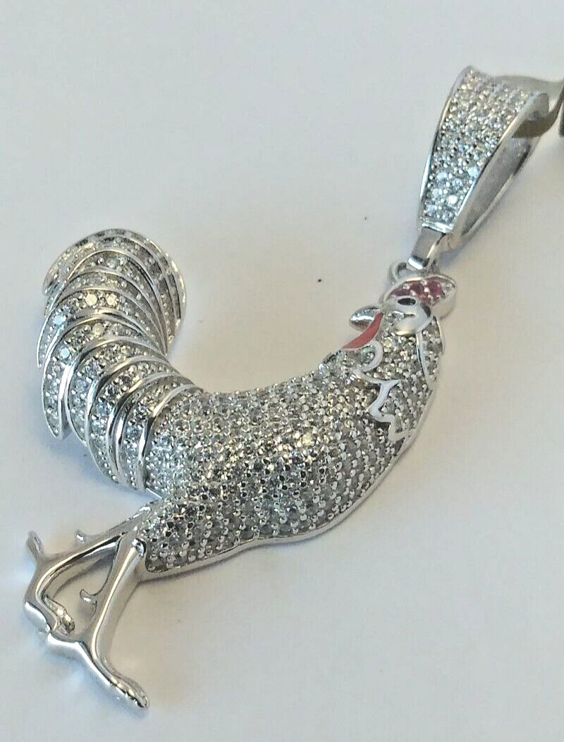 925 Sterling Silver Pendant LARGE Iced ROOSTER CHICKEN cubic zirconia CZ 48X26MM