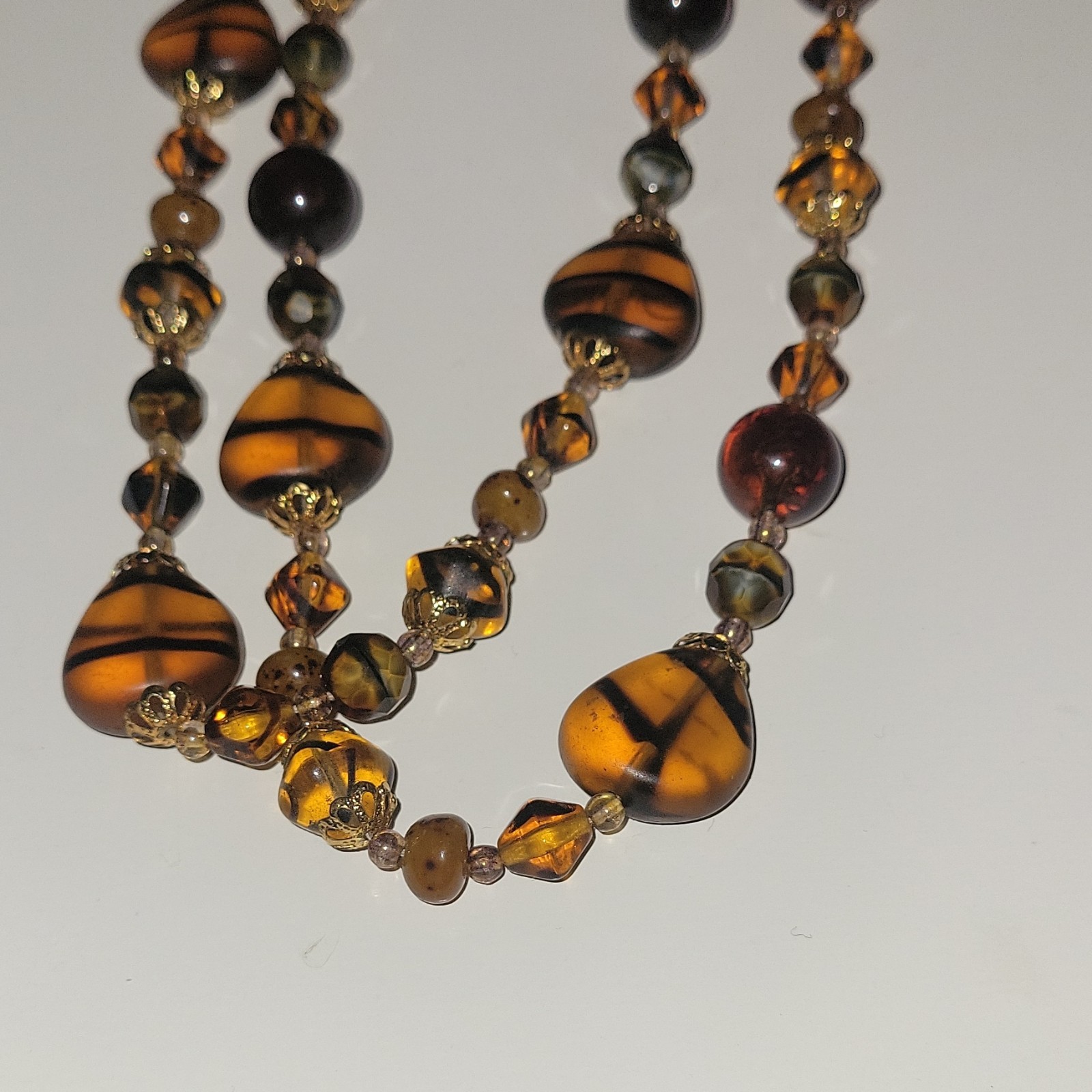 Vintage Multi Strand Amber Art Glass Bead Necklace Tiger Stripe Givre Germany