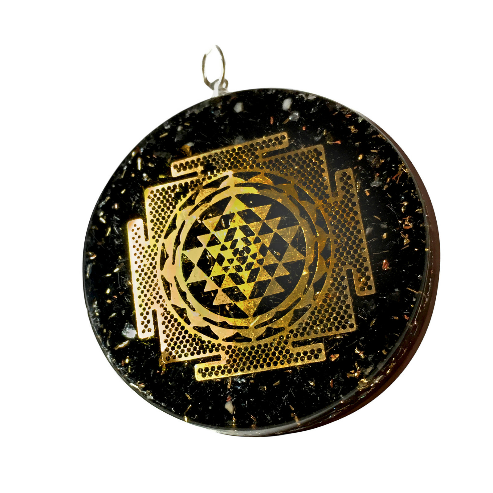 Black Tourmaline Pendant Sri Yantra Orgonite Gemstone Necklace Orgone Energy
