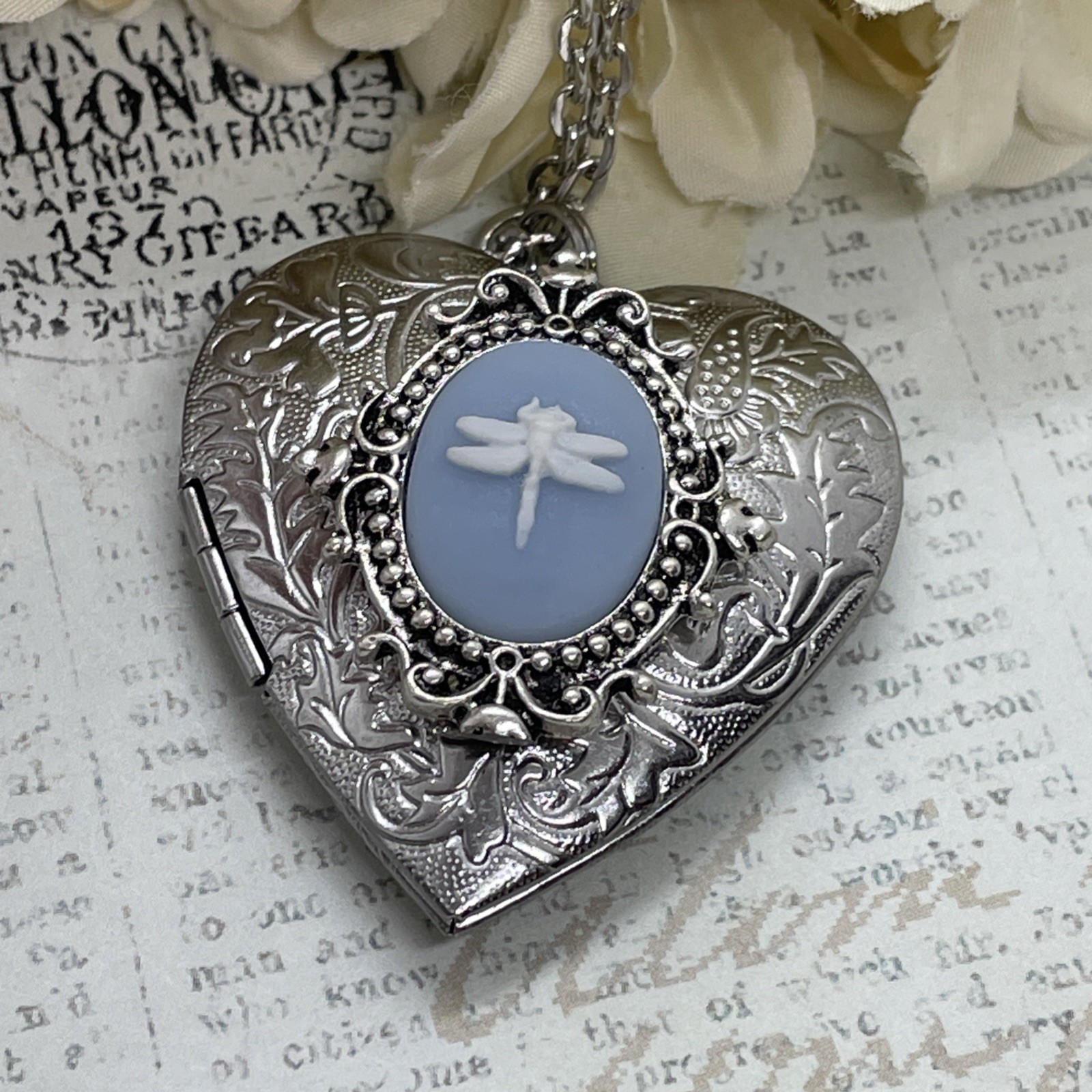 Heart Silver Cameo Blue New Dragonfly Locket Necklace Photo Memorial wedding