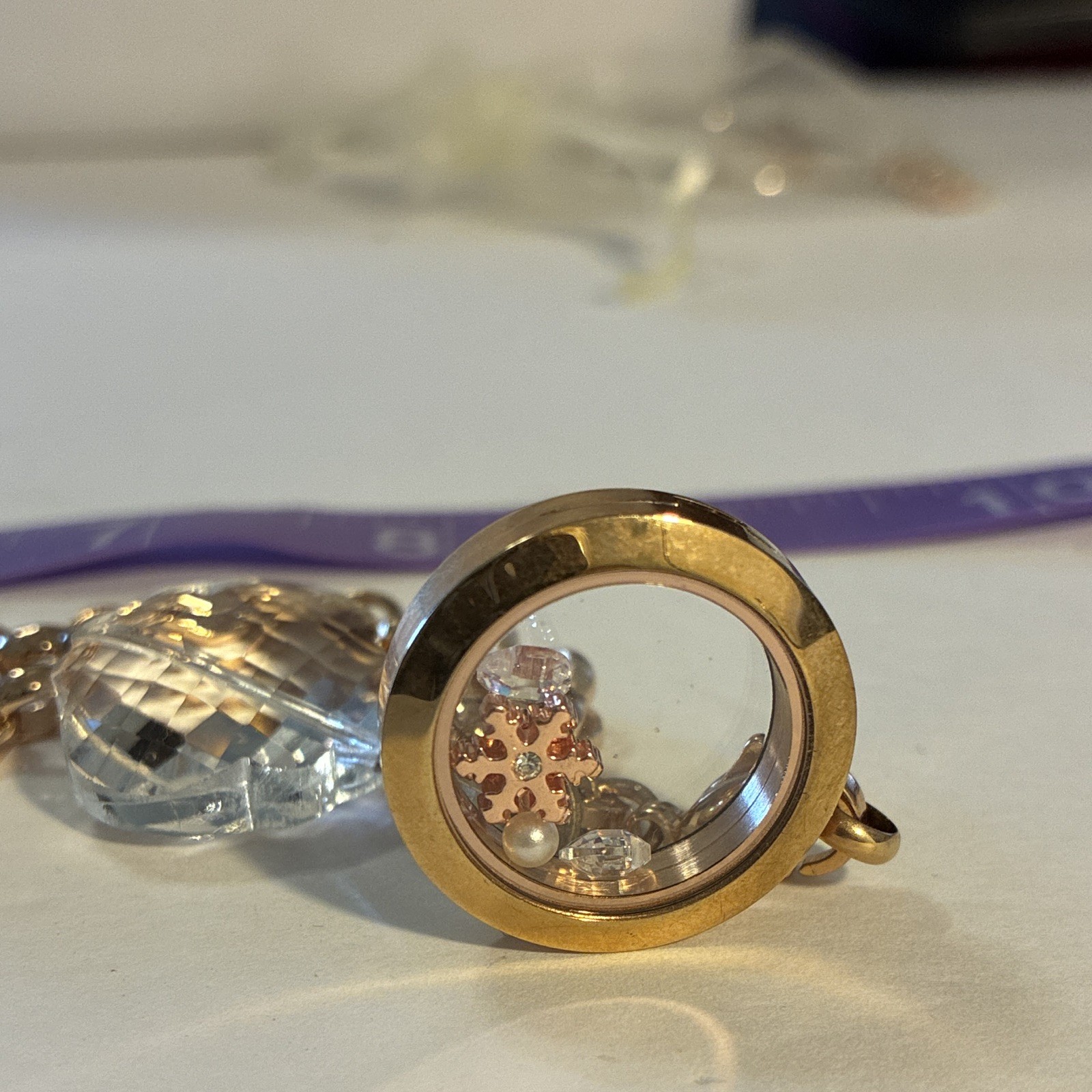 Origami Owl Rose Gold Convertible Living Locket Necklace Winter Snowflake Set
