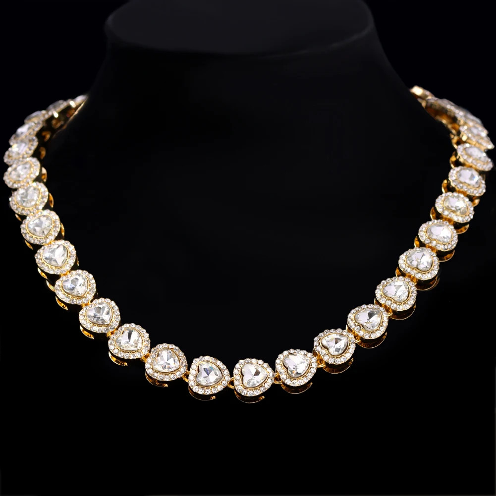 Diamond Paved Crystal Heart Cuban Link Chain Necklace for Women Hip Hop Iced Ou