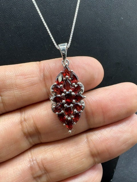 Natural Red Garnet Floral Cluster Pendant, Sterling Silver Statement Jewelry
