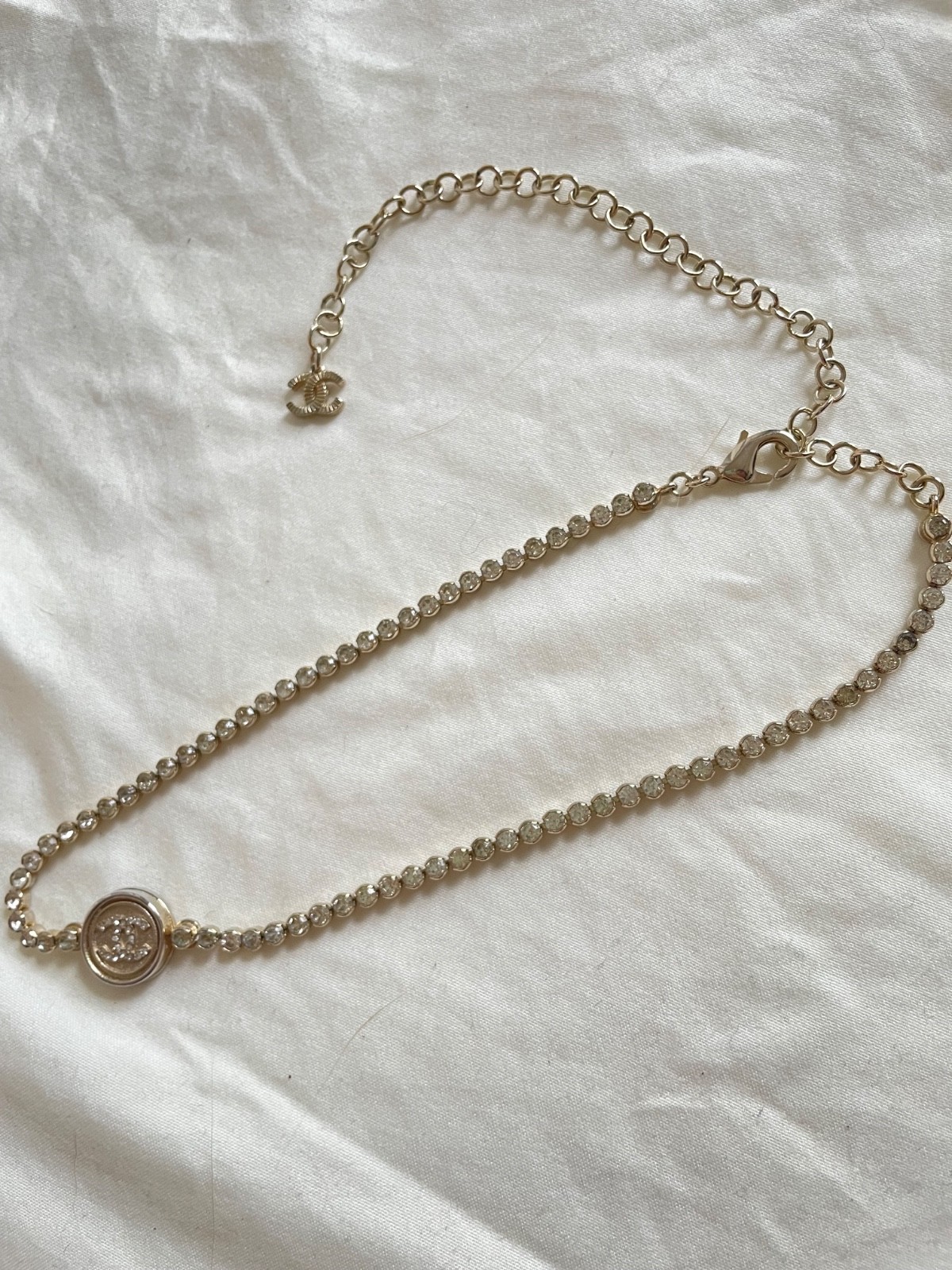 CHANEL Vintage CC Logo Crystal Rhinestone Chain Necklace Gold Tone Necklace Auth