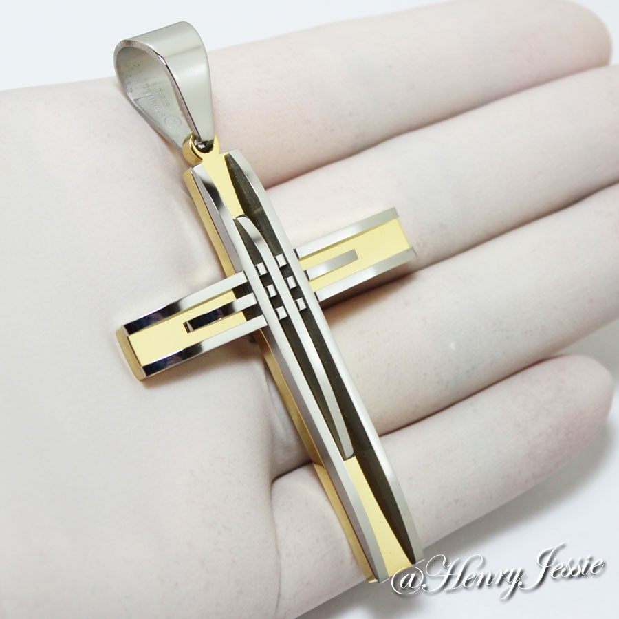 18-40″MEN Stainless Steel 8mm Silver/Gold Plated Interlock Chain Cross Pendant*A