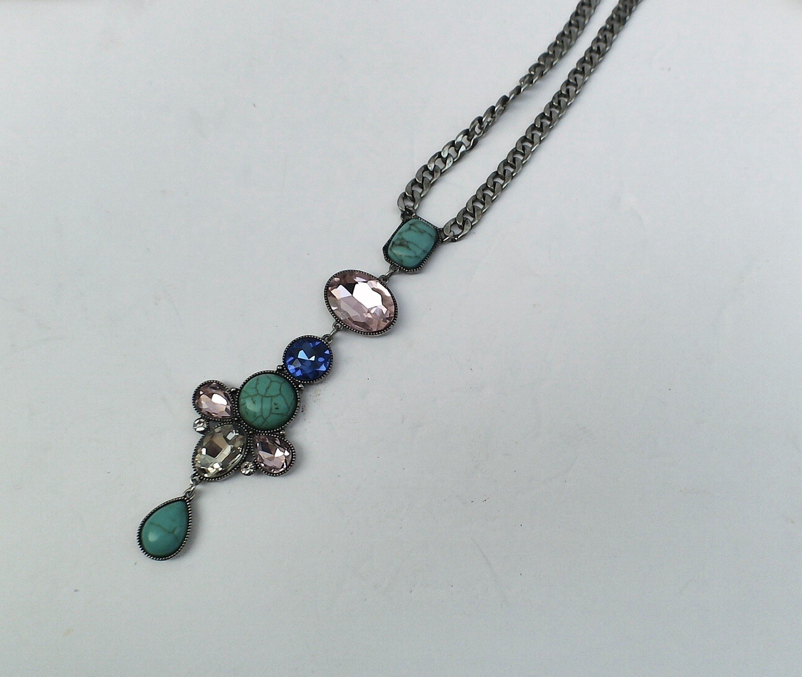 Western Statement Necklace Imitation Turquoise Pink Crystal Curb Chain Drop