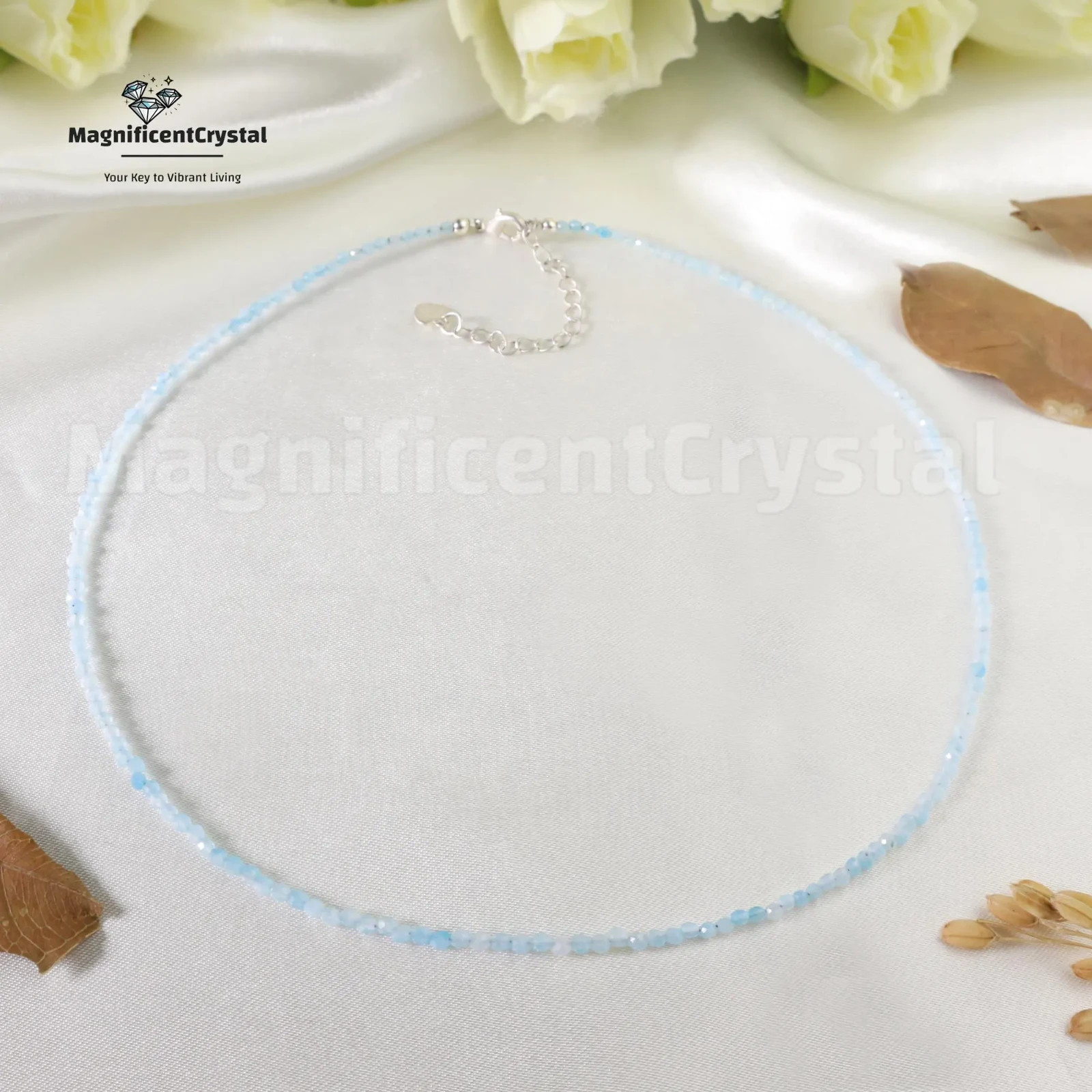 Genuine Aquamarine Choker 2MM Dainty Beads Healing Crystal Jewelry Necklace