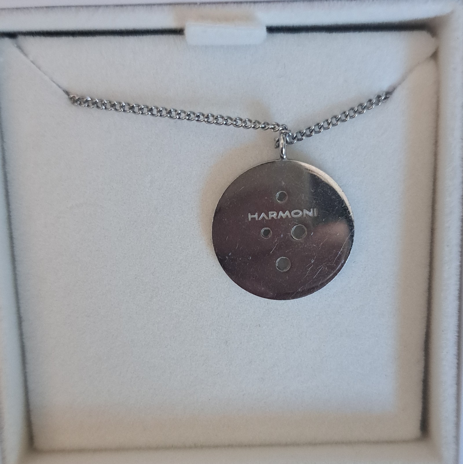 Harmoni Signed Silver Tone Round Charm Pendant Necklace