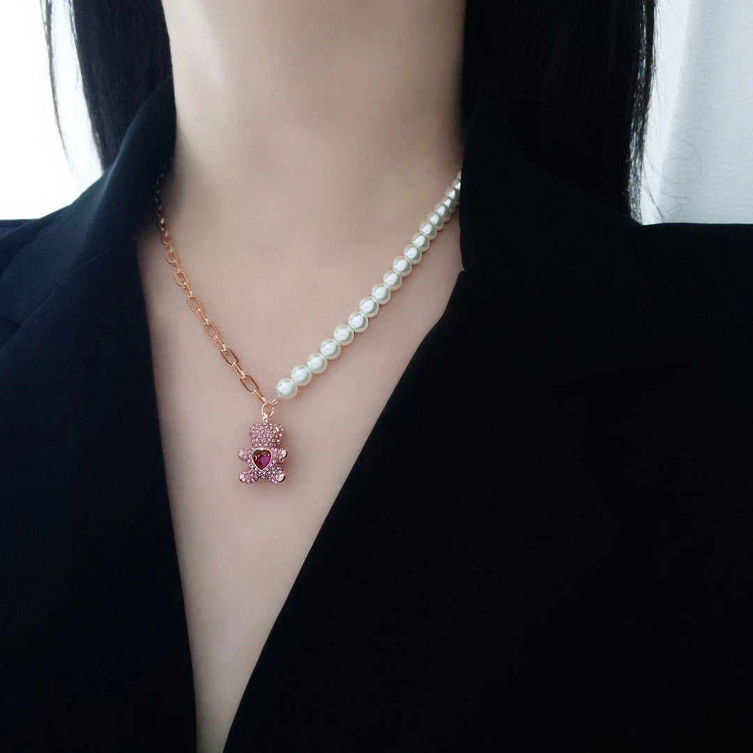 Swarovski Pearl Teddy Bear Necklace Beating Heart Gold Tone Women Gift