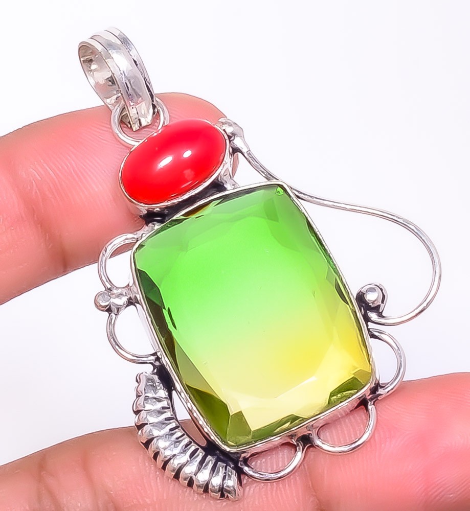 Bi-Color Tourmaline & Coral Gemstone 925 Silver Plated Pendant 2.2″ S2610