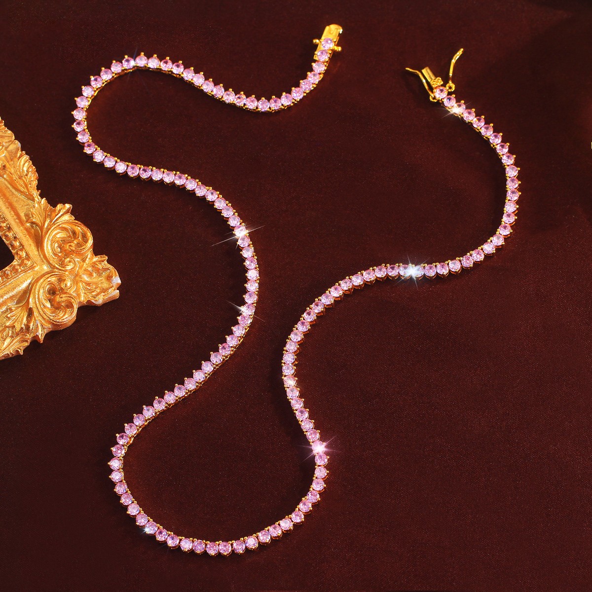 3mm Pink Round Cubic Zirconia Gold Plated Tennis Necklace Women Wedding Jewelry