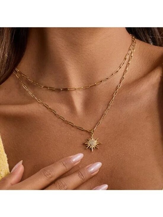 Double Layer Necklace w/cz Sun Pendant Gold Layered Necklace Summer Jewelry