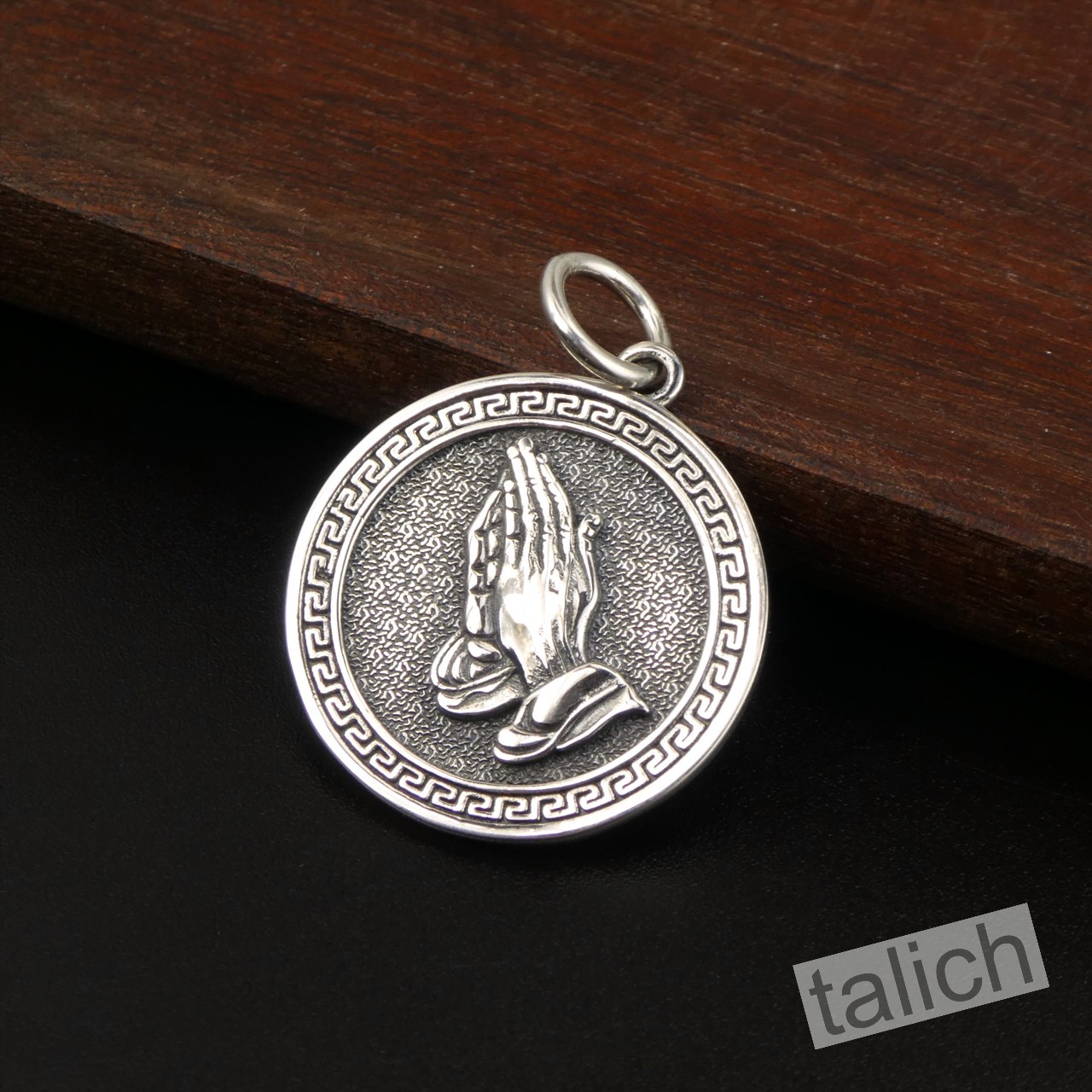 Shiny 925 Sterling Silver Praying Hands 27mm Round Amulet Pendant Faith Gift