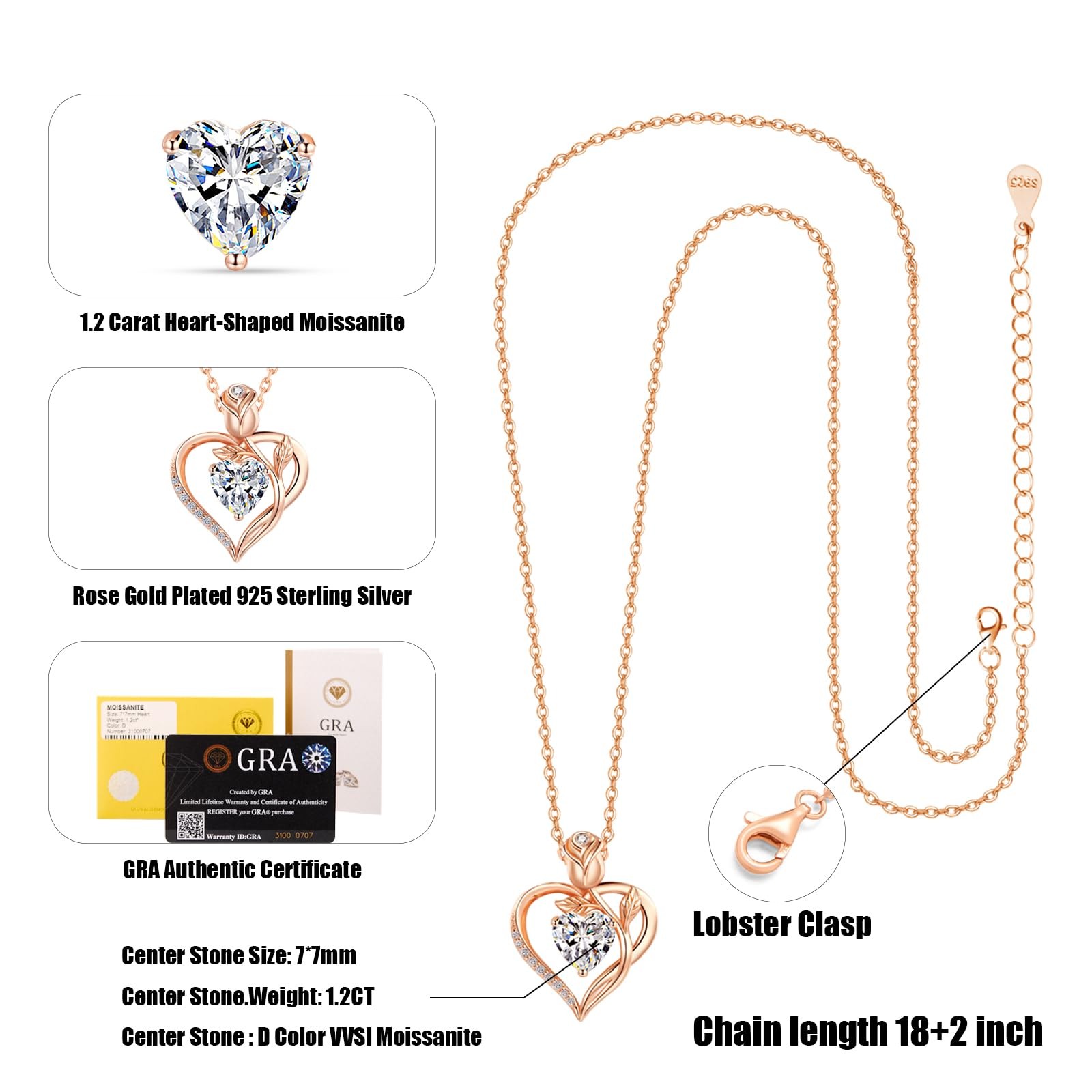 1.2CT Rose Heart Necklace Option of Moissanite or Lab-Grown Medium, Silver