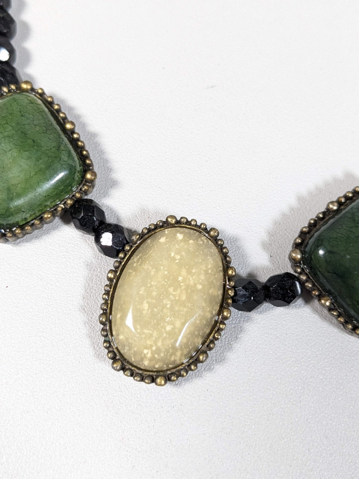 Black Glass Bead green Ivory Color Acrylic Square Oval Cabochon Necklace 16.5 in