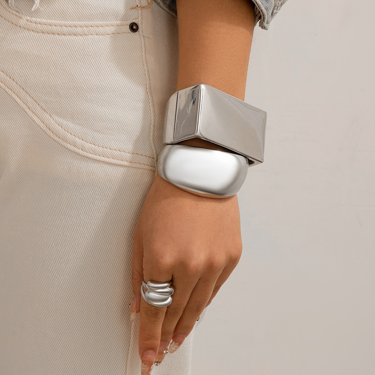 Chunky Mirror Metal Bracelet Bold Statement Cuff Jewelry Gift for Women