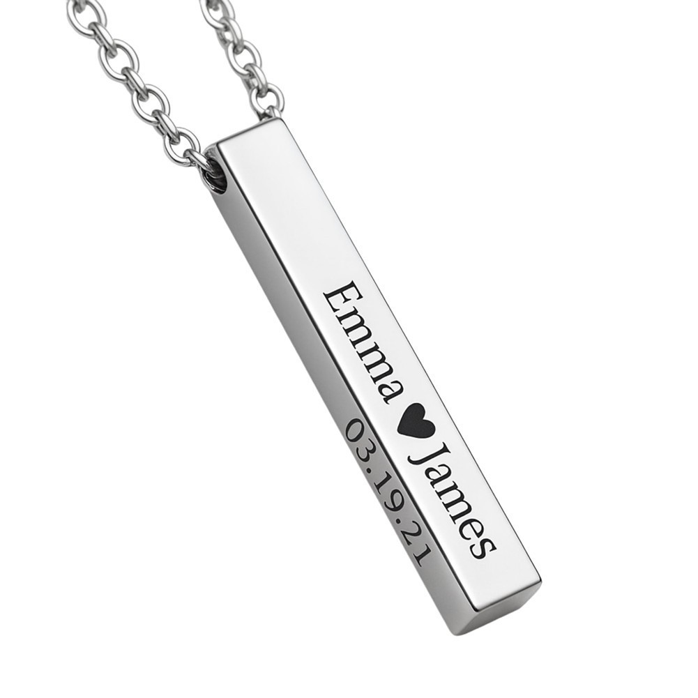 Personalized 4 Sided Vertical Bar Necklace Custom Text Engraved 3D Bar Pendant