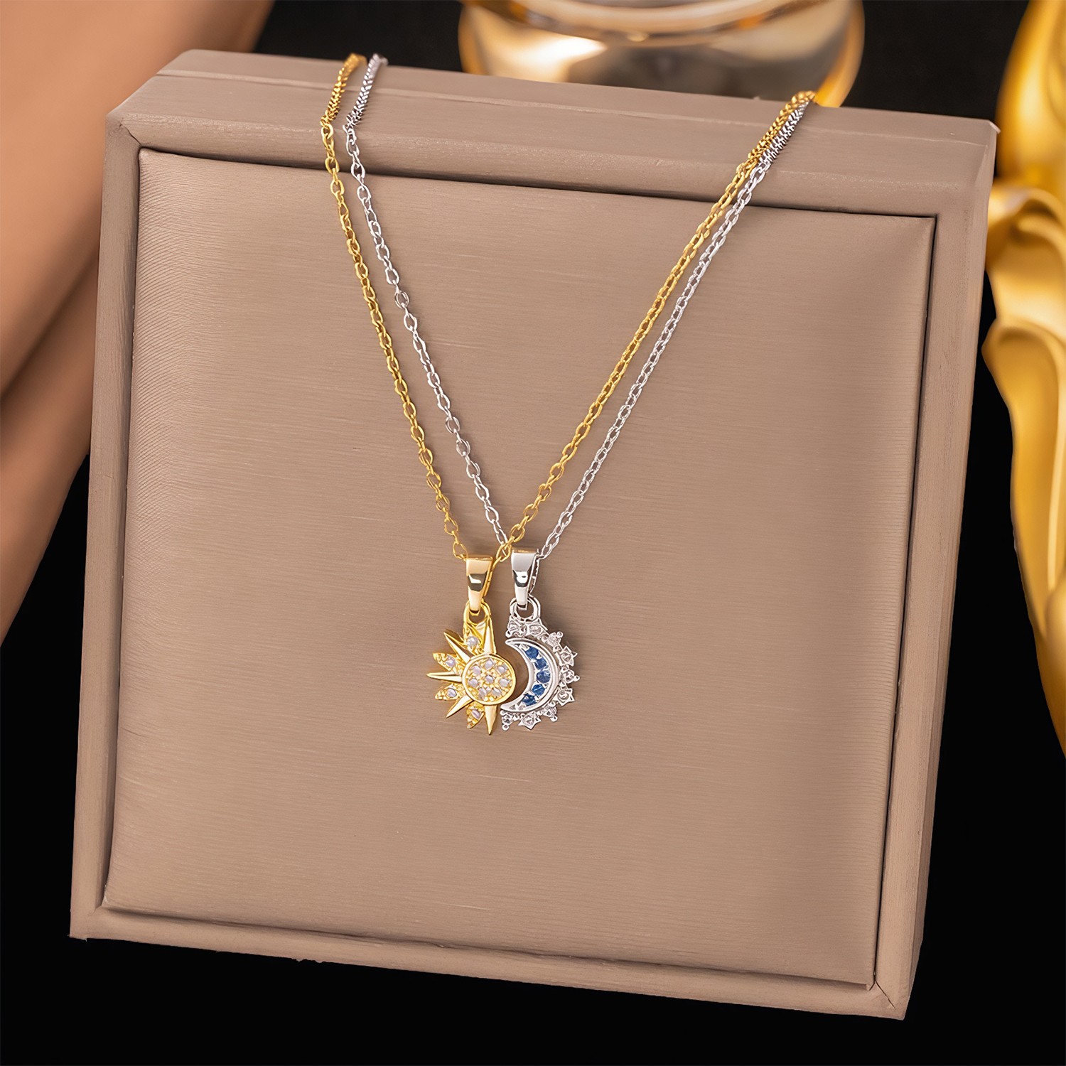 Blue Gemstone Sun & Moon Matching Necklace Set Magnetic & Adjustable Stainless