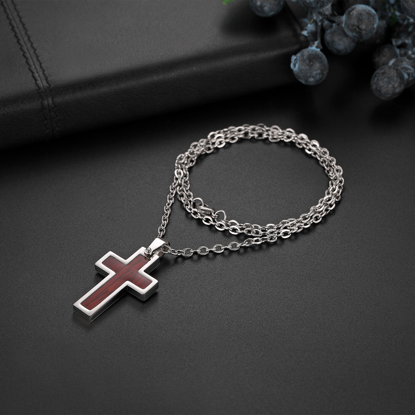 Men Women Stainless Steel Wooden Cross Pendant Chain Necklace Religious Prayer