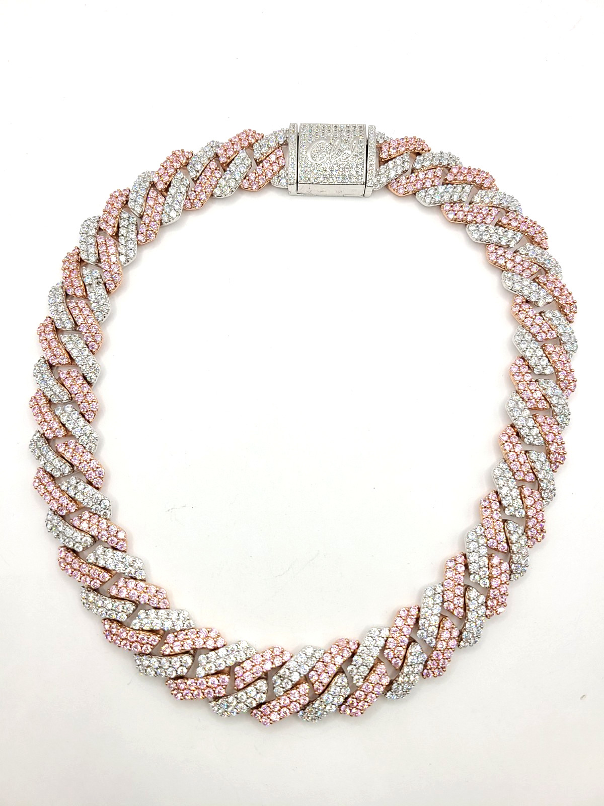 GLD Iced Prong Pink/White Rose Gold 19mm Cuban Chain Link Necklace 18″