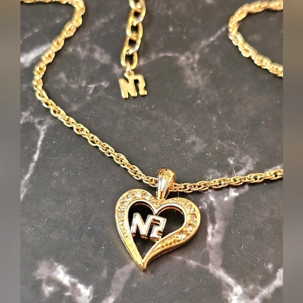 Gold Tone Metal Clear Colorless Stones Heart Pendant Necklace 14.75″ – 16.75″