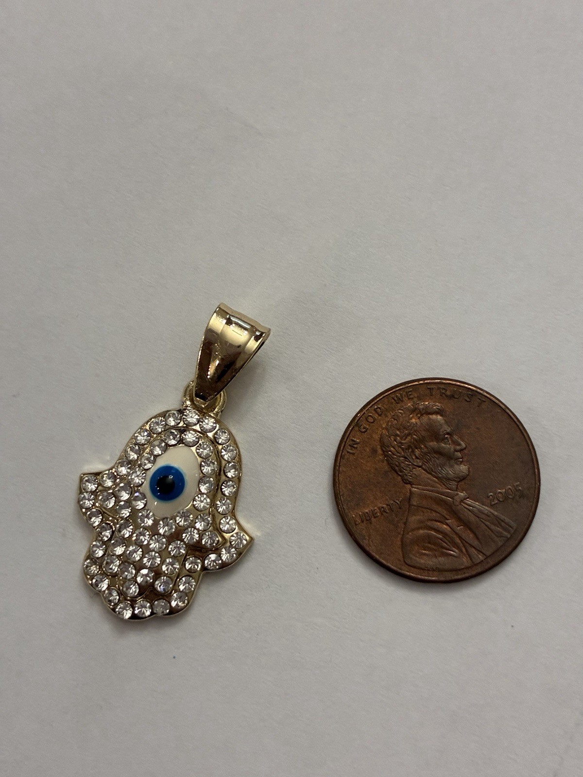 Gold-Filled Hamsa Hand Evil Eye Charm Pendant, Crystal Pavé Glass Stones