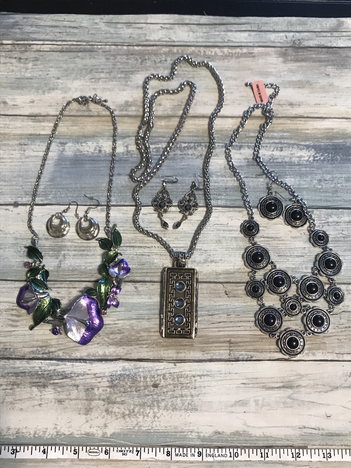 Lot Necklaces Earrings Silver Tone Chain Black Pendant Flowers Purple Set