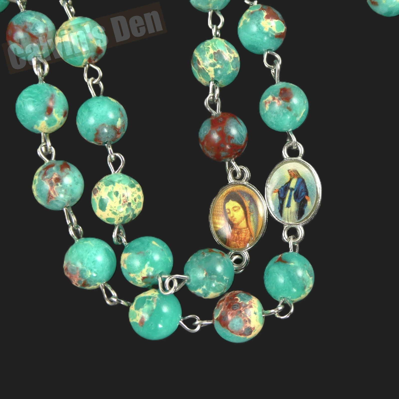 Green Snakeskin Jasper Bead Rosary Spinning Divine Mercy Madonna & Child Pendant