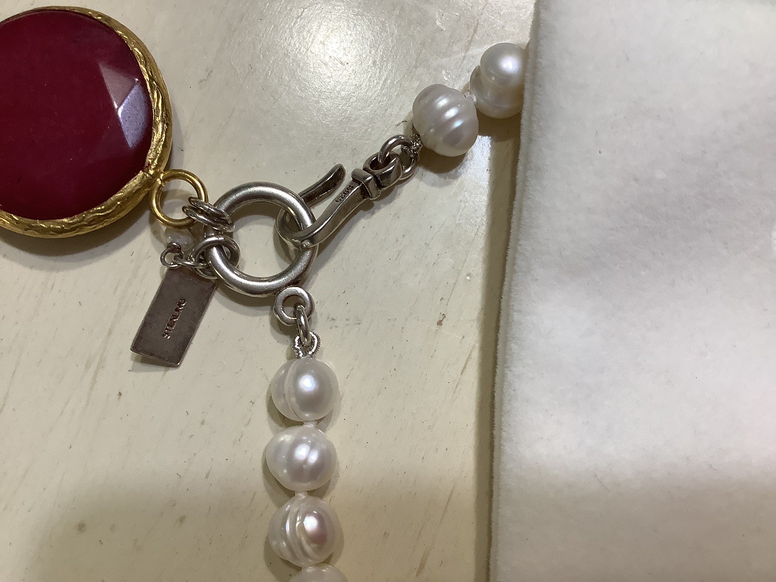 Pearly Girls PearlNecklace W/Red Pendant, Sterling Clasp, 18”, NWT