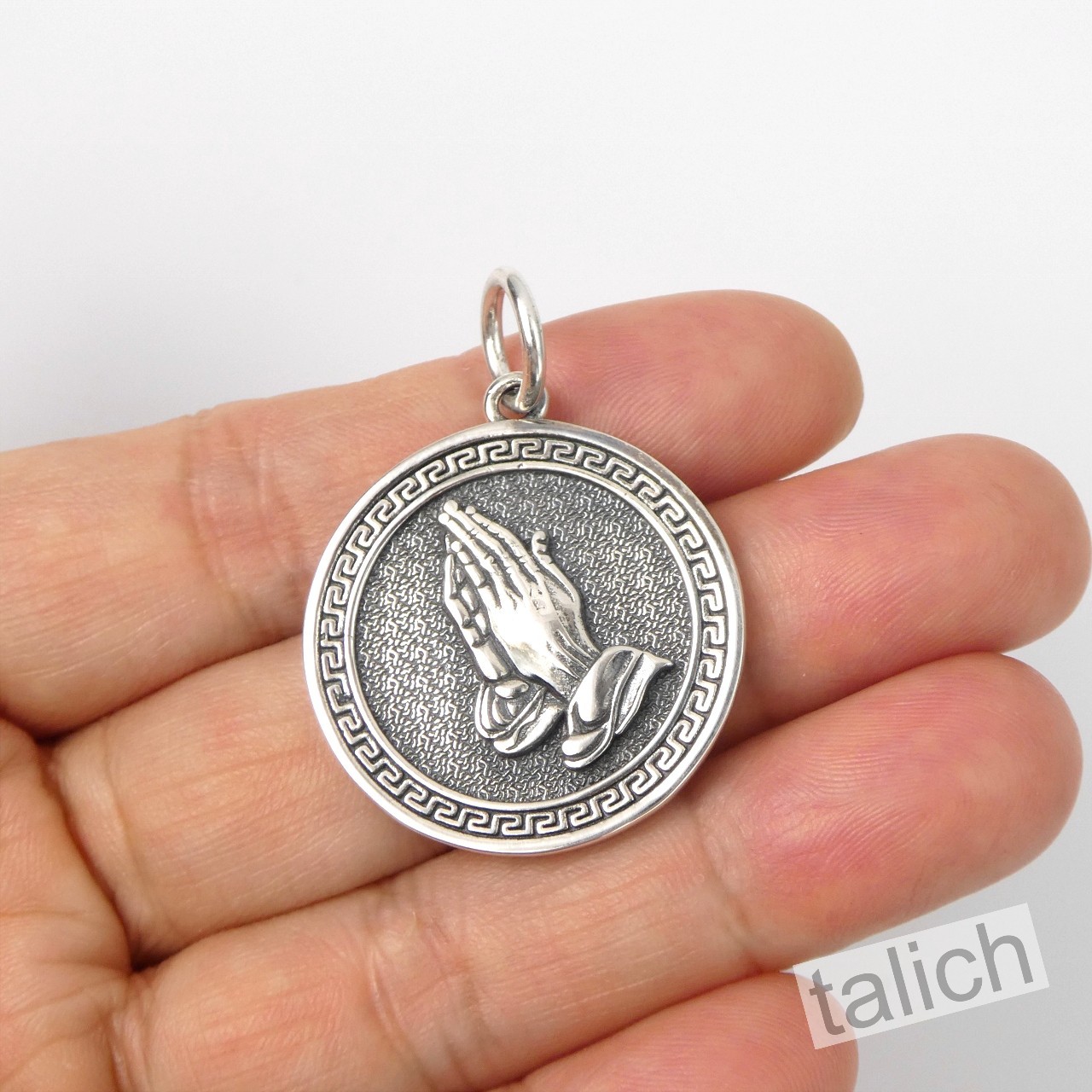 Shiny 925 Sterling Silver Praying Hands 27mm Round Amulet Pendant Faith Gift