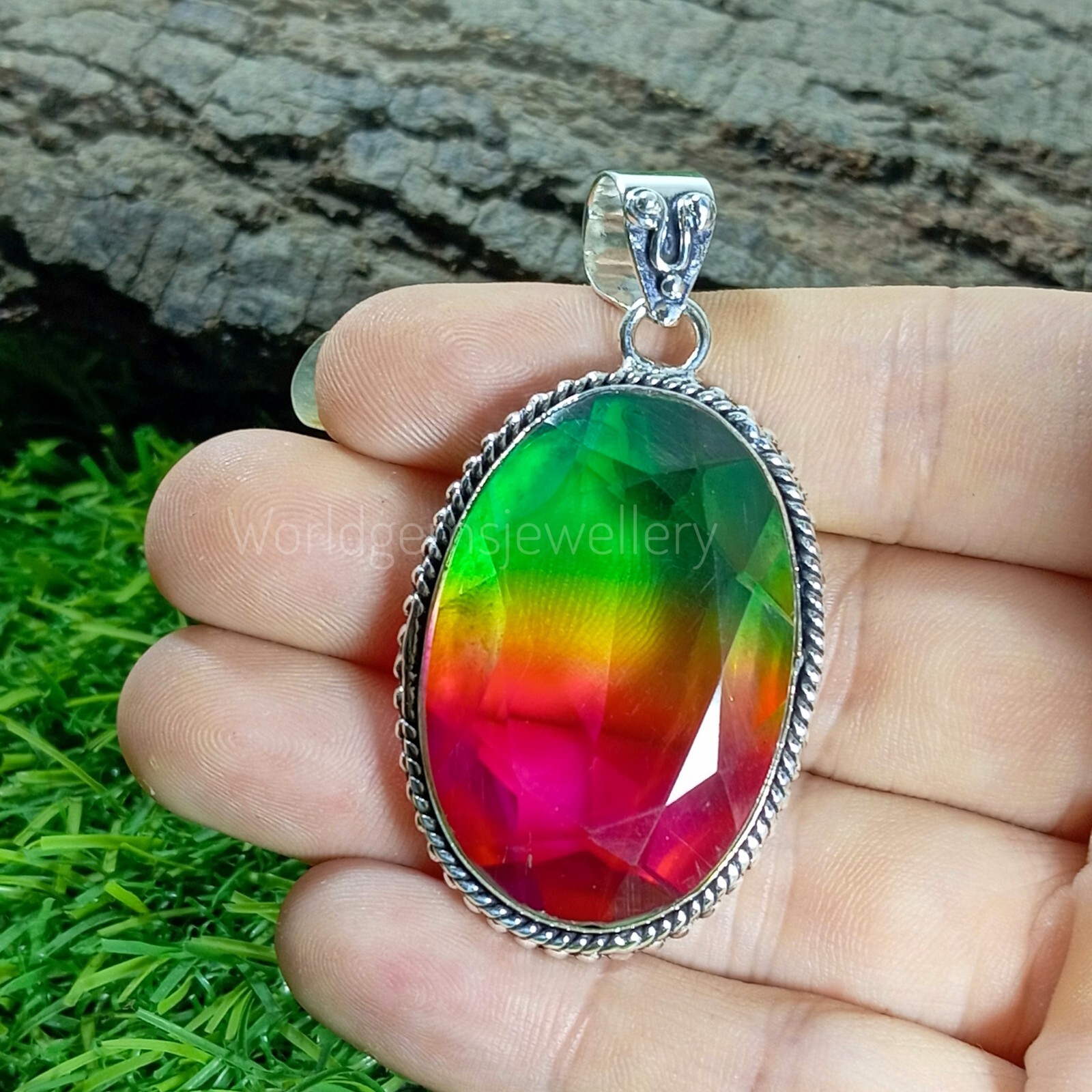 Bi-Color Tourmaline Gemstone Pendant 925 Sterling Silver Jewelry Pendant.